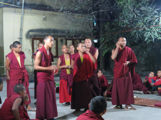 Monks of Sed Gyued Monastery in the courtyard performing traditional Tibetan Buddhist philosophical debate