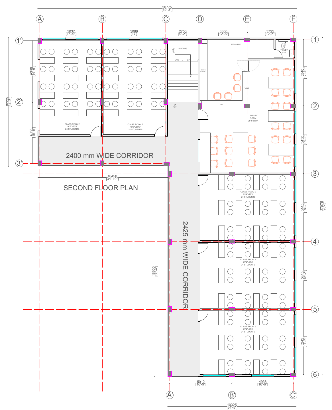 Second floor plan — classrooms and library
