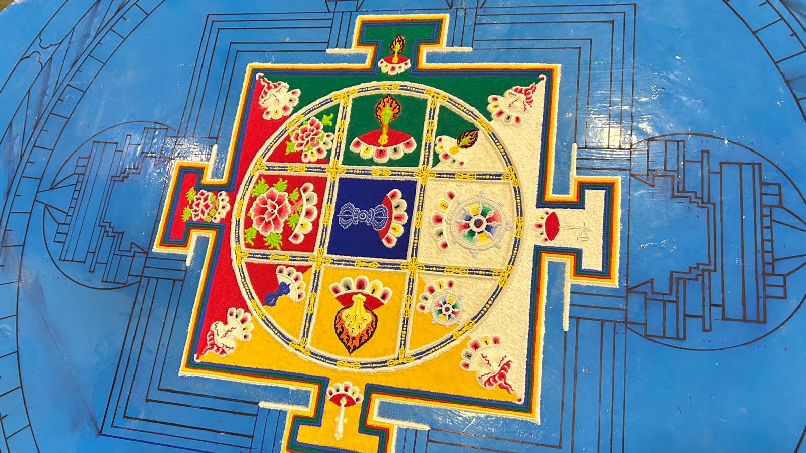 The completed Thirteen-Deity Vajrabhairava coloured-sand mandala at Sed Gyued Monastery, 2026